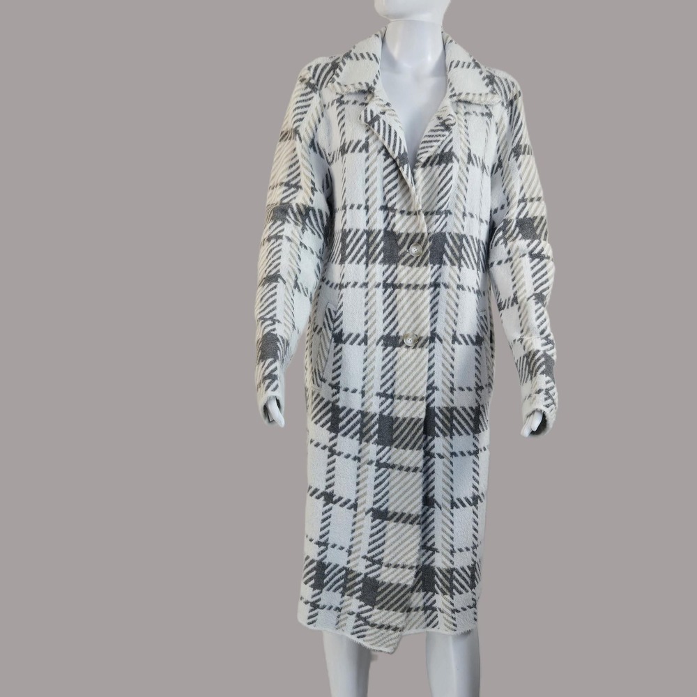 Love + Luxe Womens Large Plaid Longline Cardigan Coat Fuzzy Knit White Grey Tan